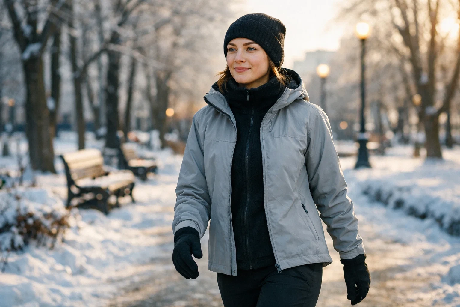 Молода жінка у міському парку взимку: термобаза, фліс і легка вітровка без логотипів; продуманий шаровий комплект для тепла щодня.