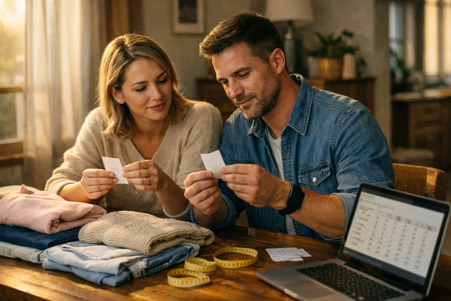 Чоловік і жінка вдома звіряють розмірну сітку та склад тканини на бірках: стокові речі нові, акуратні, готові до спорту й щодня.
